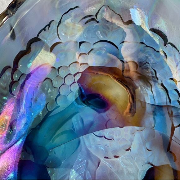 Vintage Indiana Glass Iridescent Blue Harvest Grape Footed Fruit Bowl 12 3/8” - Picture 10 of 12